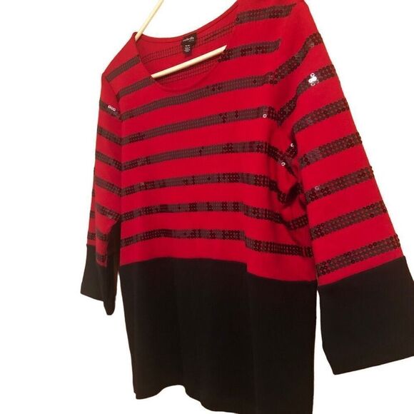 Rafaela Petite Size M Crew Neck Red Black Striped Shimmery Holiday Sweater - Picture 4 of 13